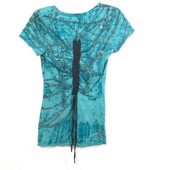 Affliction Tops - AFFLICTION Teal Shirt Blouse Tie Up Lace Up Back